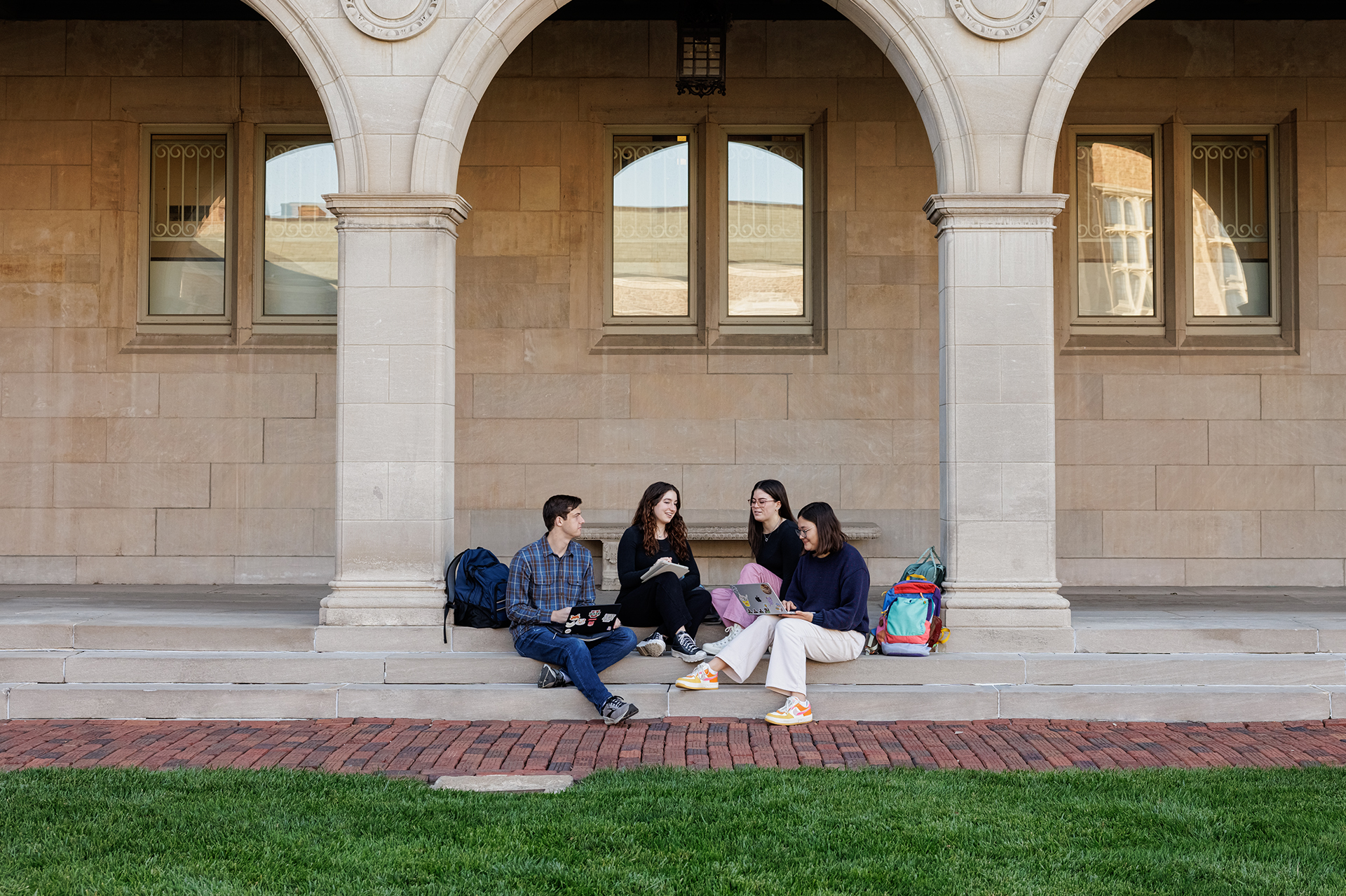 students sitting at Ridgley Hall
