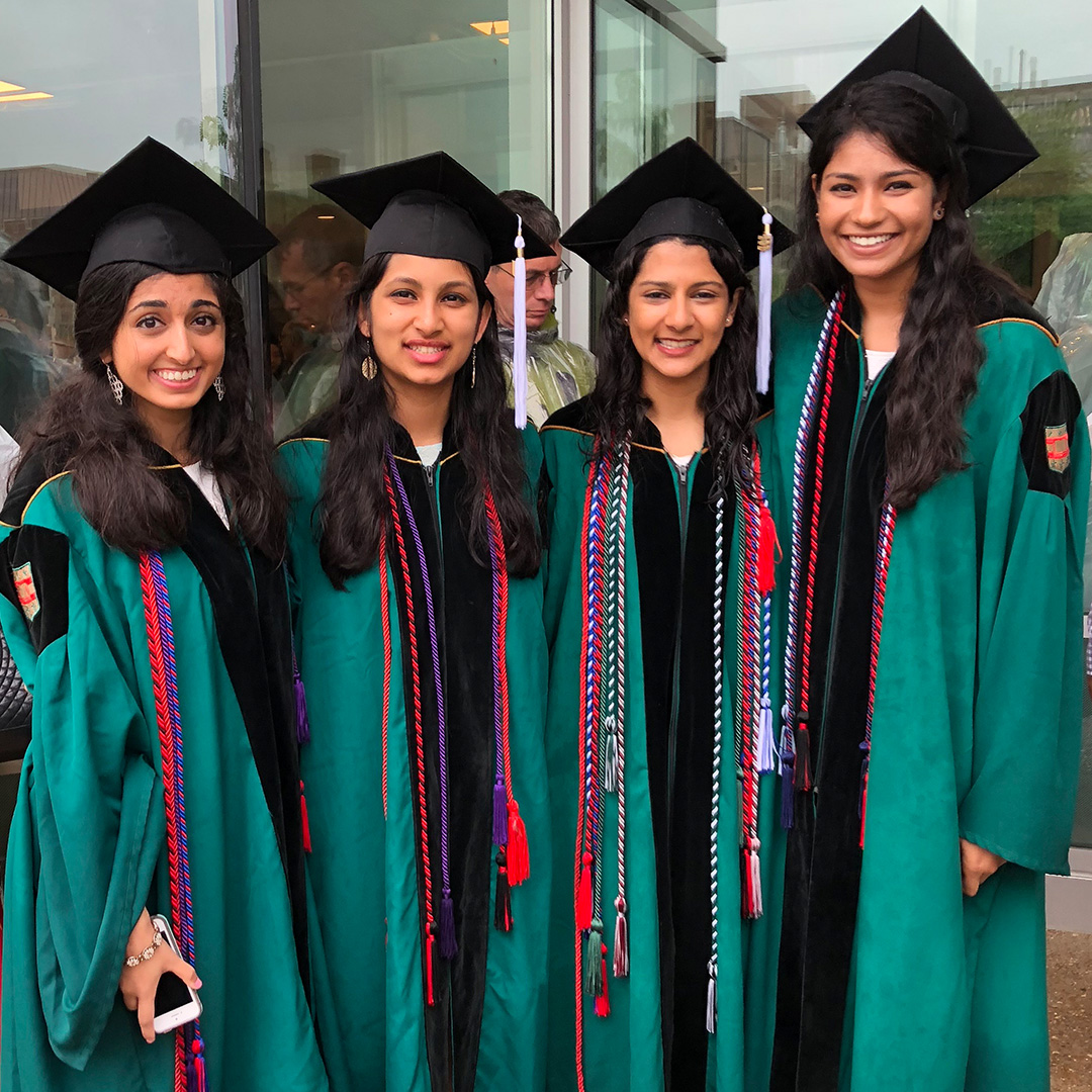  Malvika Ragavendran, BSBA '18, Misha Hooda, AB '18, Apoorva Iyengar, AB '18, and Divya Velury, AB '18 at commencement
