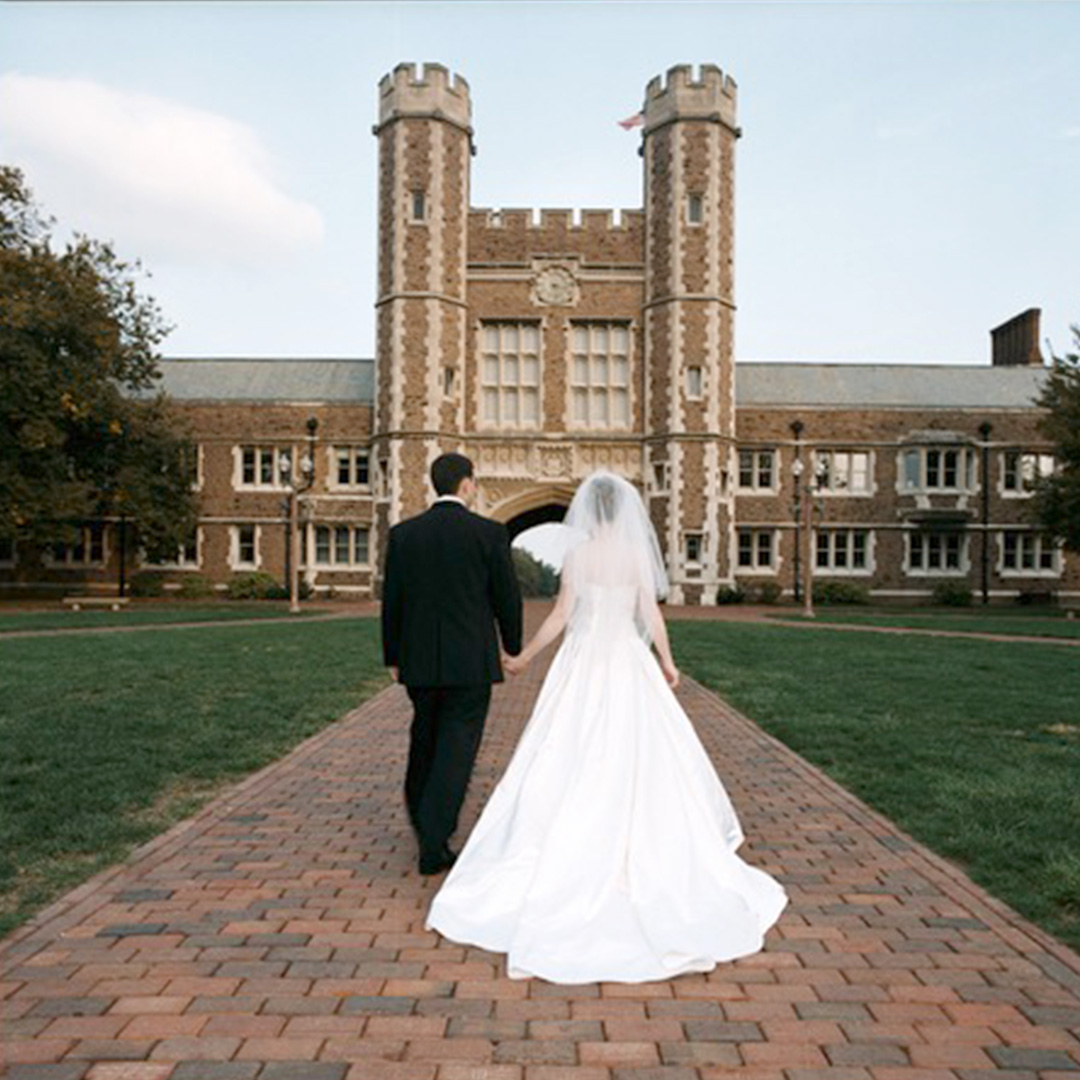 Matthew and Jill's wedding photo at WashU's Ridgley Hall