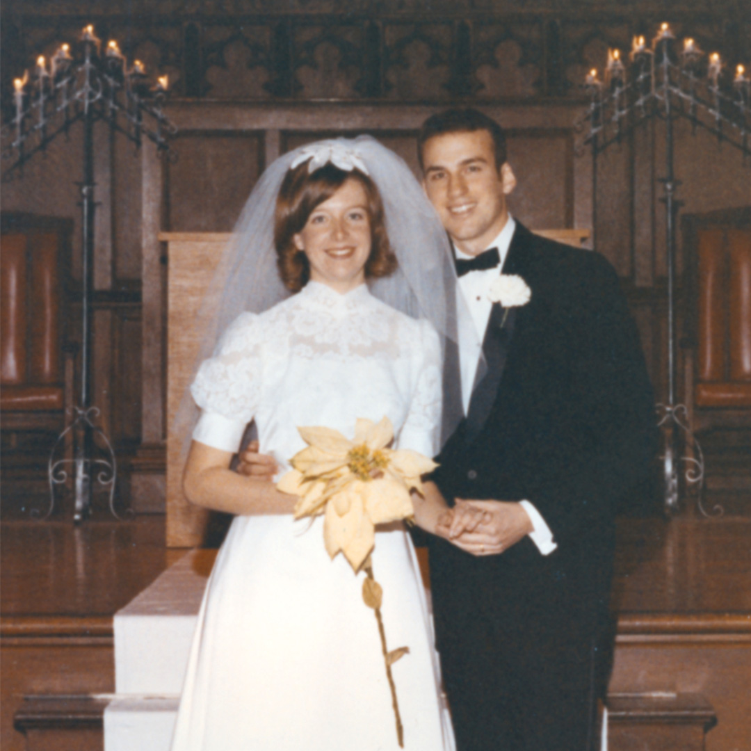 Mike and Mimi Glode pictured at their wedding in Graham Chapel