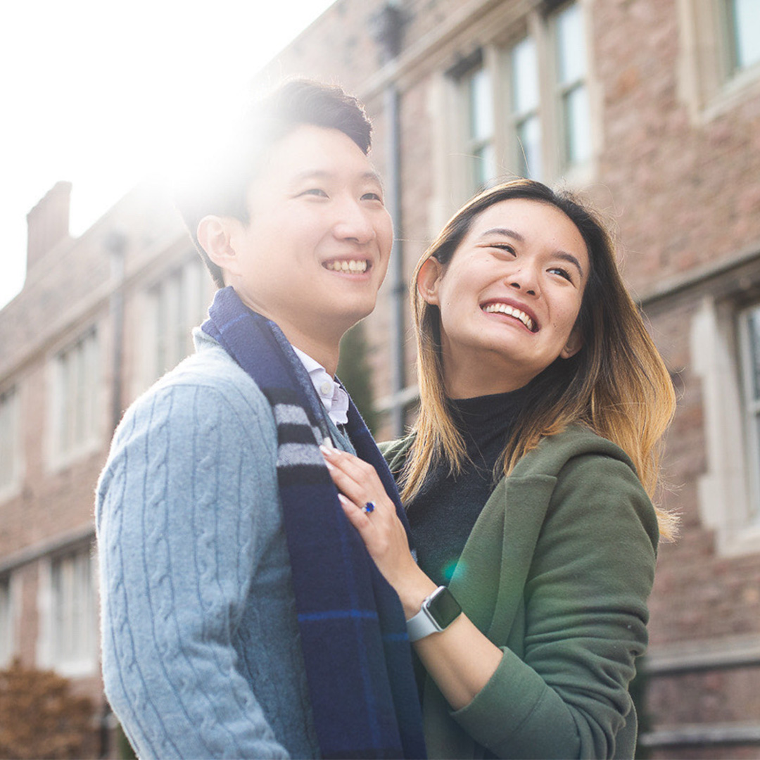 Hanlu and Tony's engagement photo in front of Brookings Hall.
